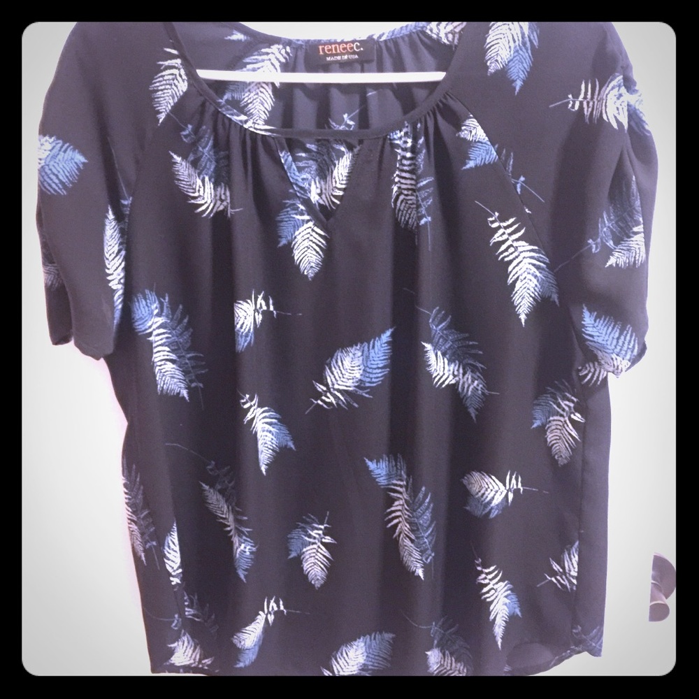 Renee C navy blue leaf print blouse